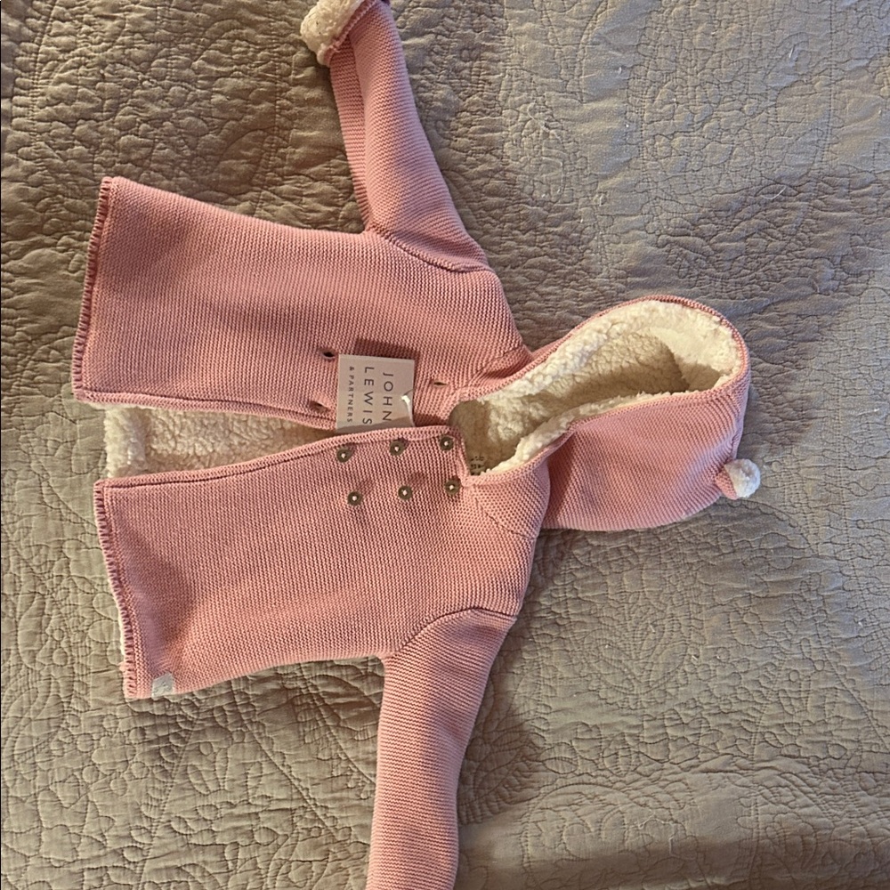 John Lewis Pink Hooded Baby Jacket with Faux Fur Lining
